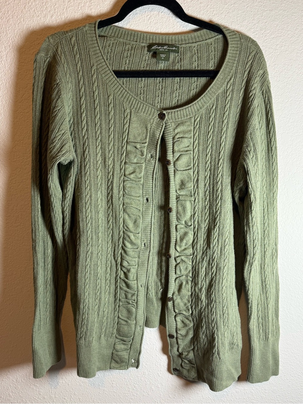 Eddie Bauer Olive Green Cable Knit Cardigan 2X | Ruffle Front